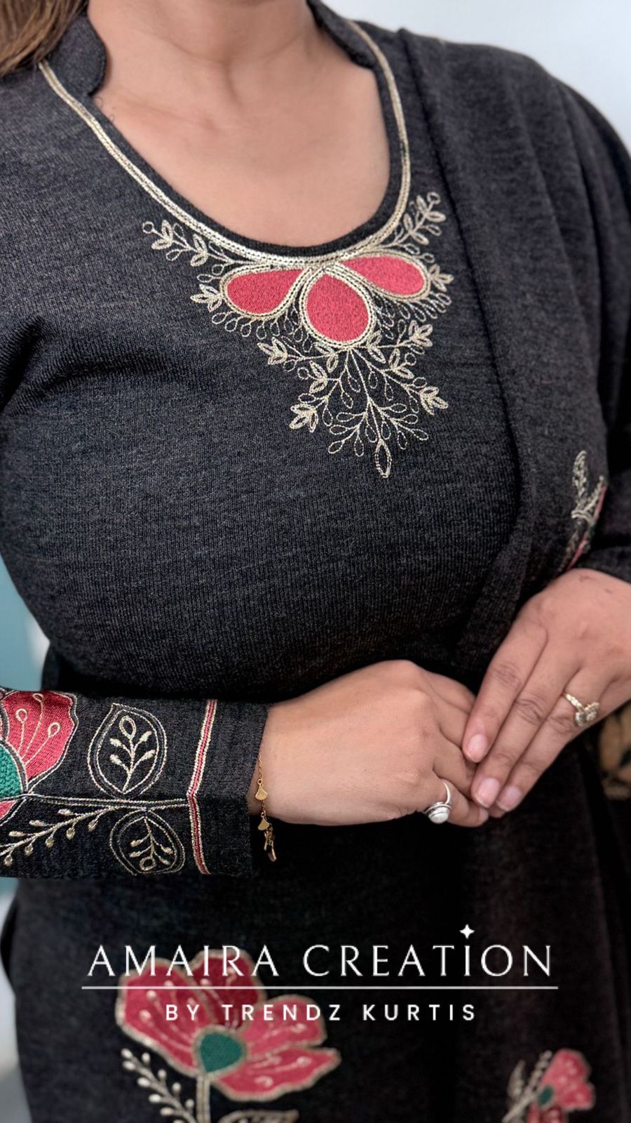 Premium Woolen Dark Grey Color Embroidered Set