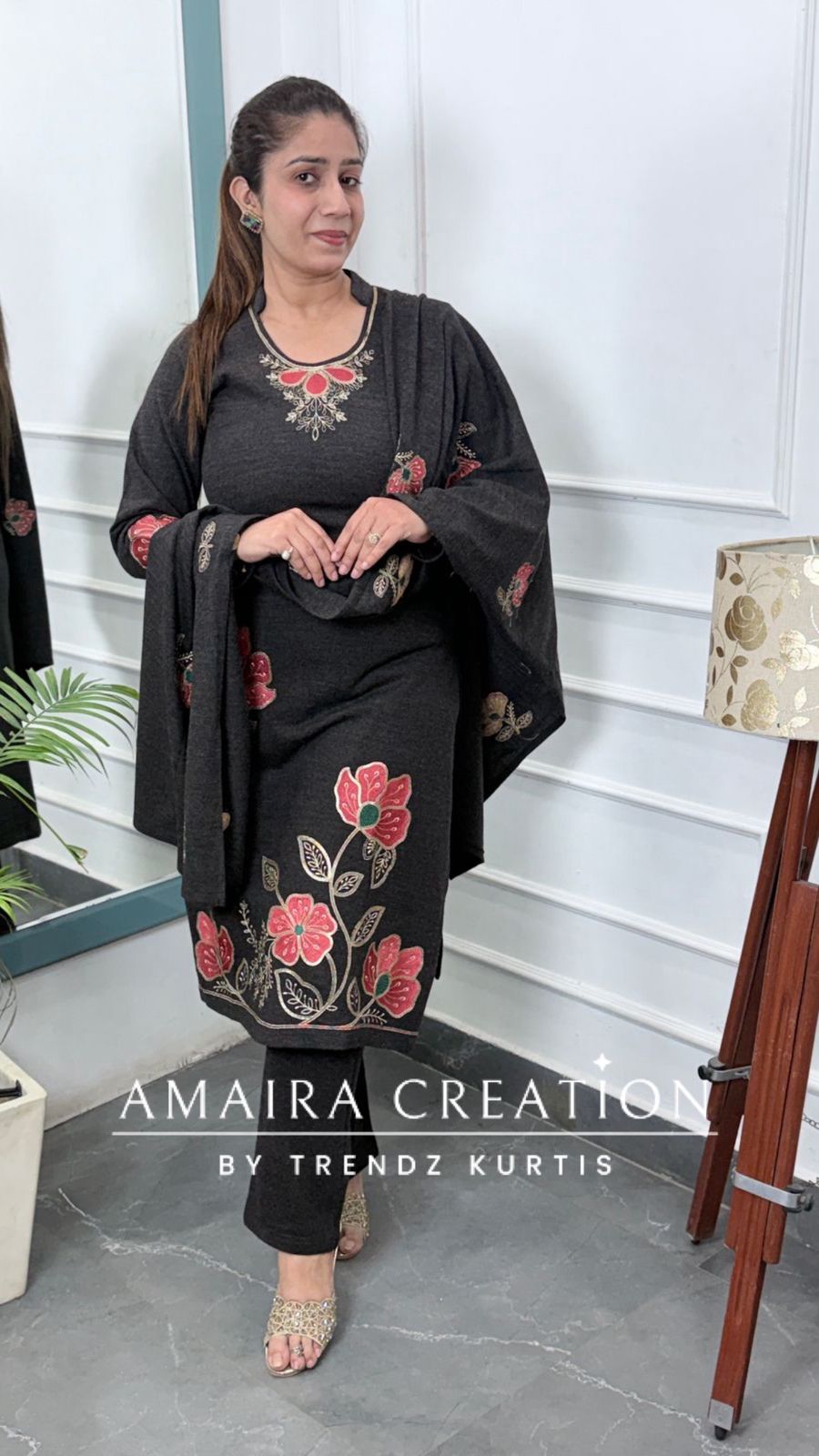 Premium Woolen Dark Grey Color Embroidered Set