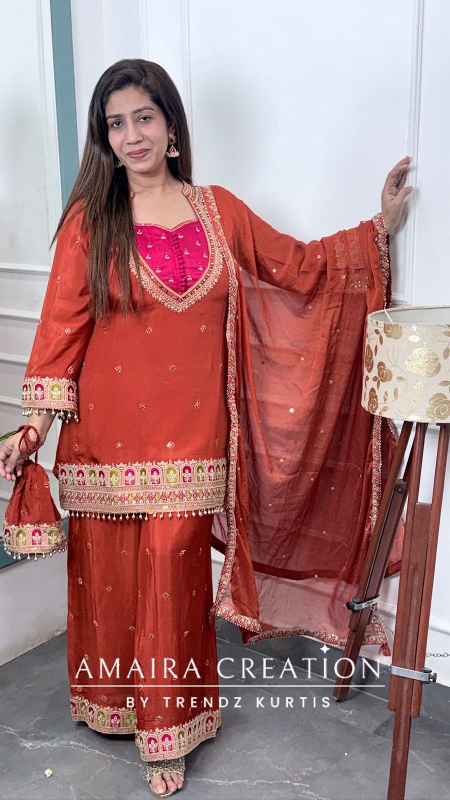 Premium Chinnon Rust Colour Burster Neck Design Full Ghera Divider Set