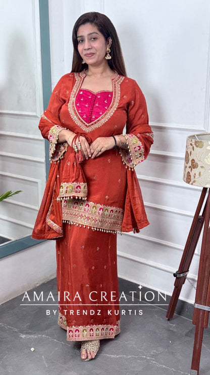 Premium Chinnon Rust Colour Burster Neck Design Full Ghera Divider Set