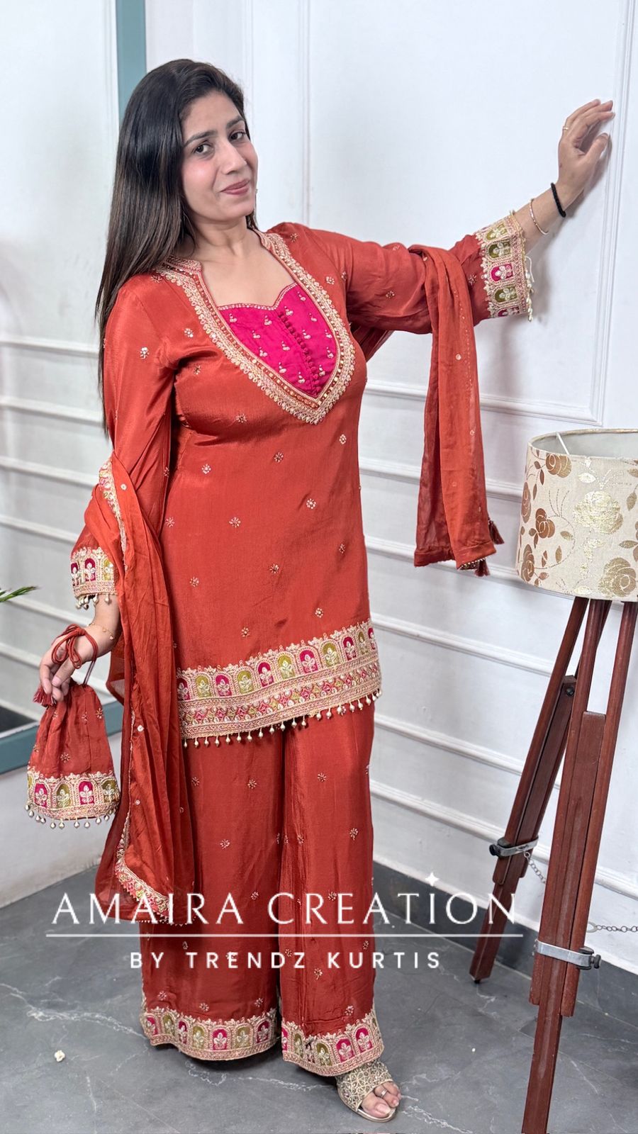 Premium Chinnon Rust Colour Burster Neck Design Full Ghera Divider Set