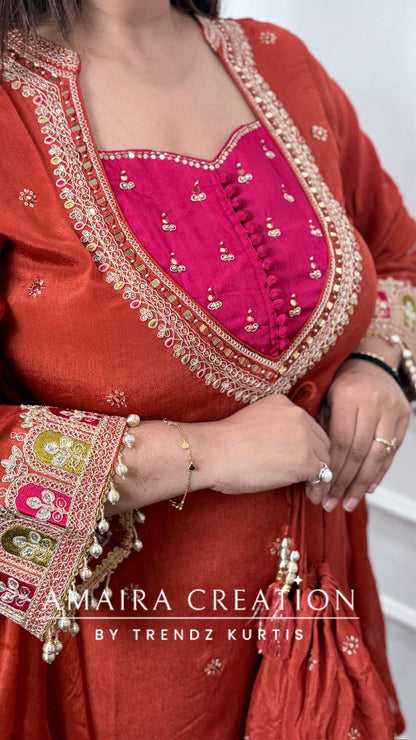 Premium Chinnon Rust Colour Burster Neck Design Full Ghera Divider Set