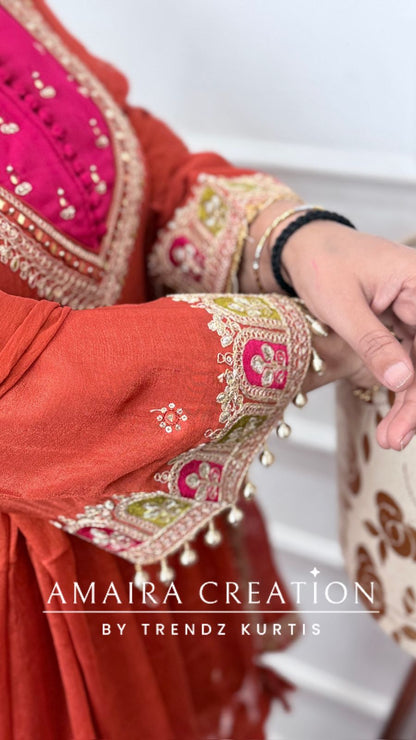 Premium Chinnon Rust Colour Burster Neck Design Full Ghera Divider Set