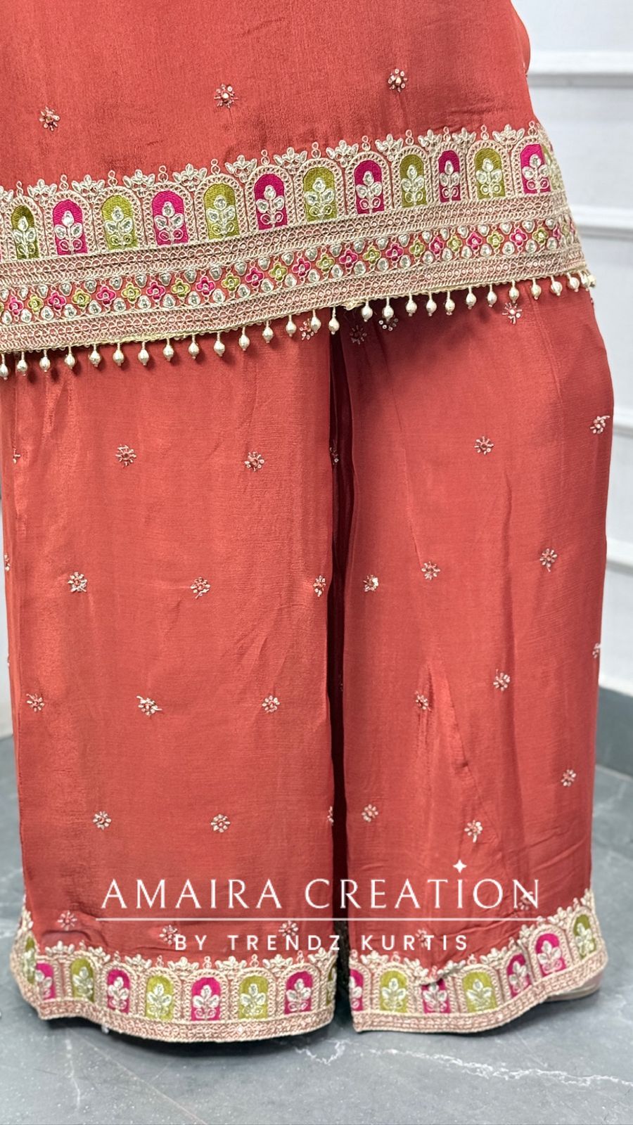 Premium Chinnon Rust Colour Burster Neck Design Full Ghera Divider Set