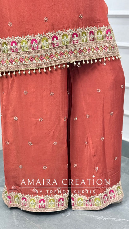 Premium Chinnon Rust Colour Burster Neck Design Full Ghera Divider Set