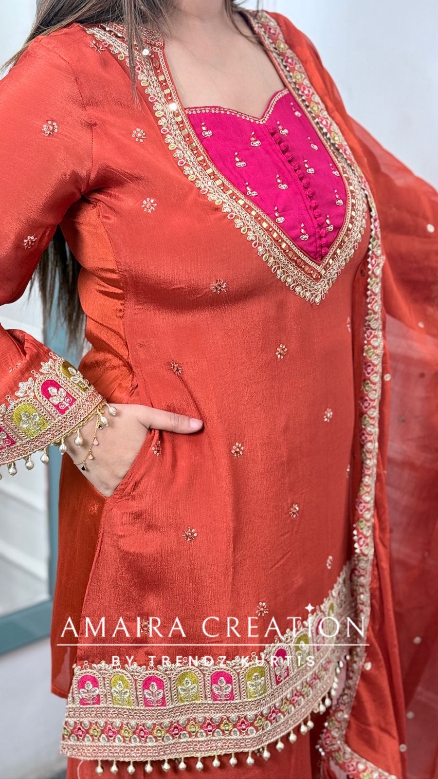 Premium Chinnon Rust Colour Burster Neck Design Full Ghera Divider Set