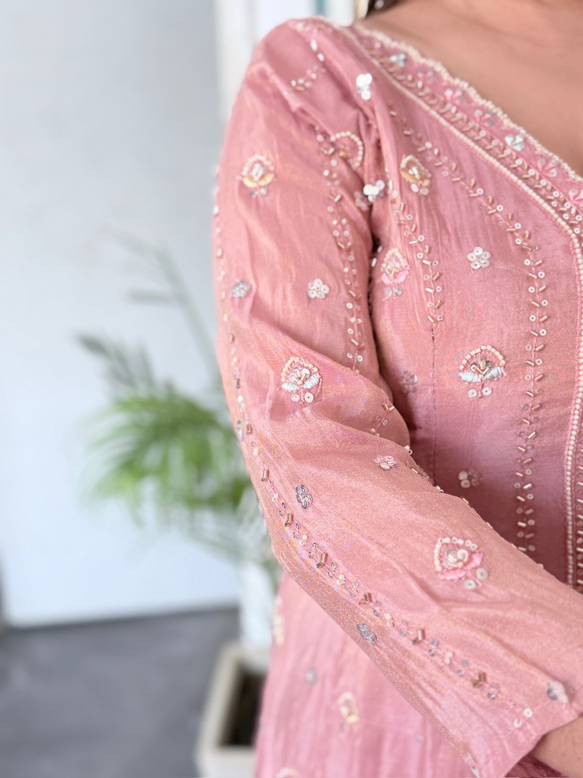 Premium Peach Glass Tissue Fabric Fully Hand Work Centre Slit  Pant Set.