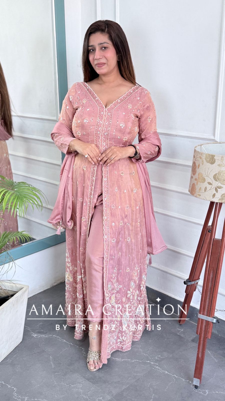 Premium Peach Glass Tissue Fabric Fully Hand Work Centre Slit  Pant Set.