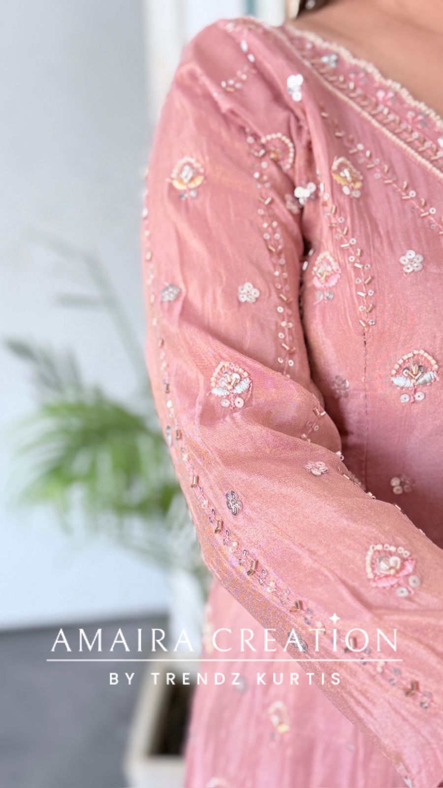 Premium Peach Glass Tissue Fabric Fully Hand Work Centre Slit  Pant Set.