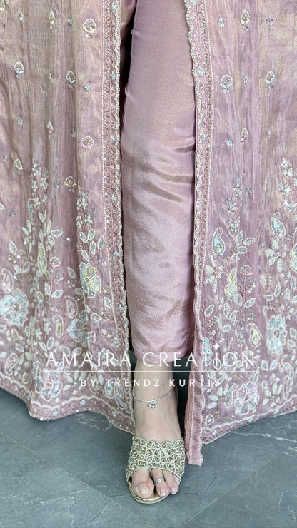 Premium Peach Glass Tissue Fabric Fully Hand Work Centre Slit  Pant Set.