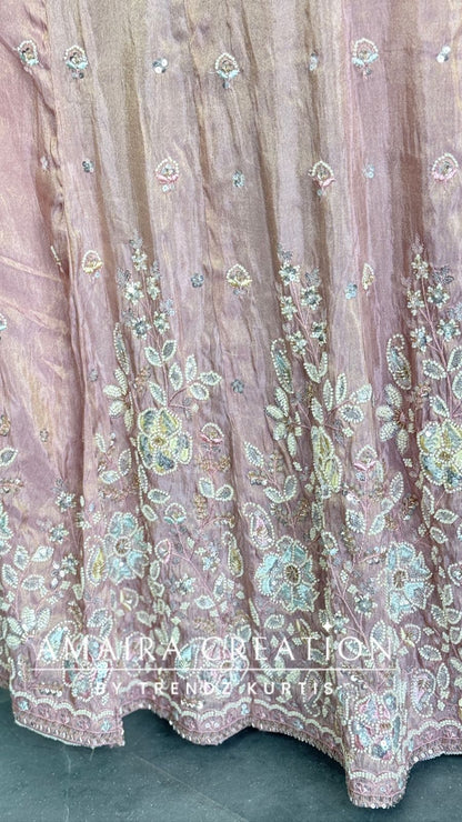 Premium Peach Glass Tissue Fabric Fully Hand Work Centre Slit  Pant Set.