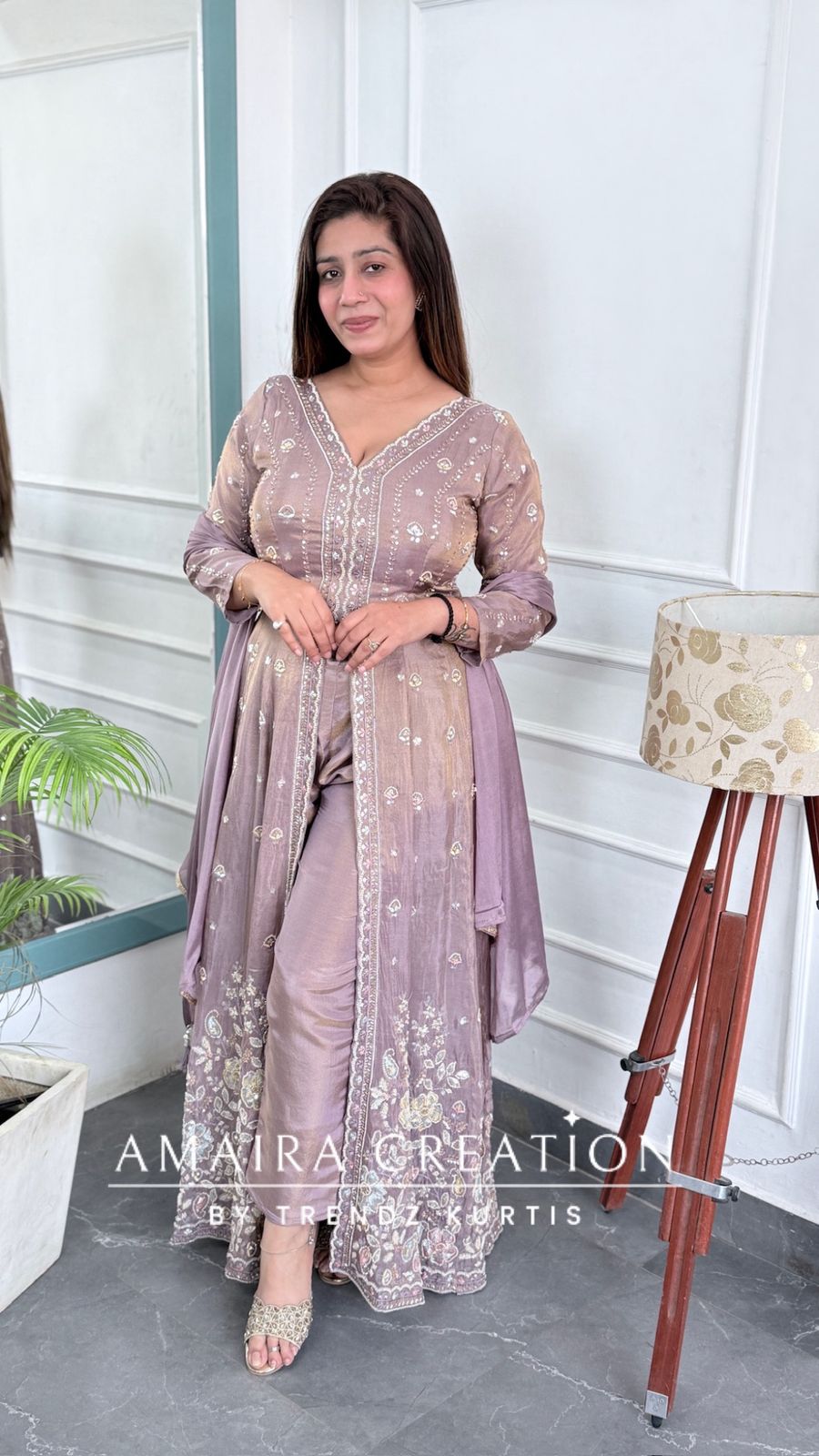 Premium Lavender Glass Tissue Fabric Fully Hand Work Centre Slit Pant Set.