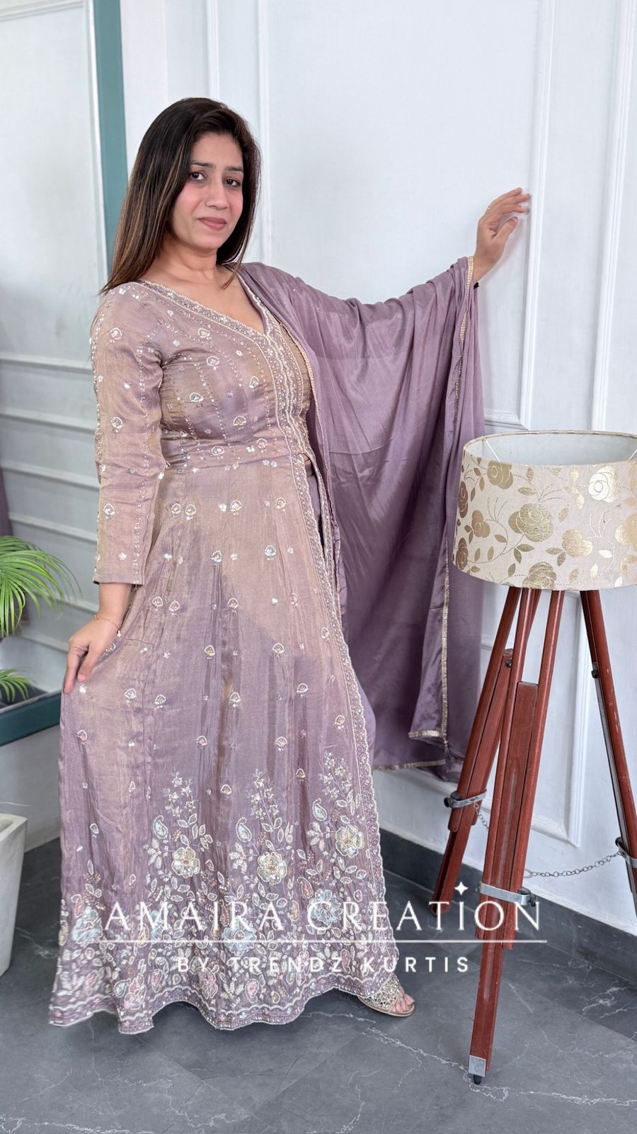 Premium Lavender Glass Tissue Fabric Fully Hand Work Centre Slit Pant Set.