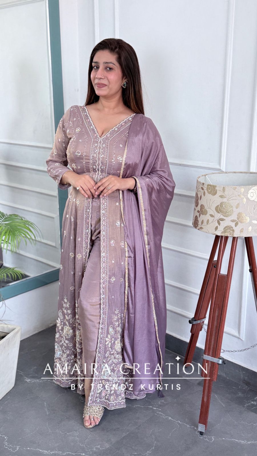 Premium Lavender Glass Tissue Fabric Fully Hand Work Centre Slit Pant Set.