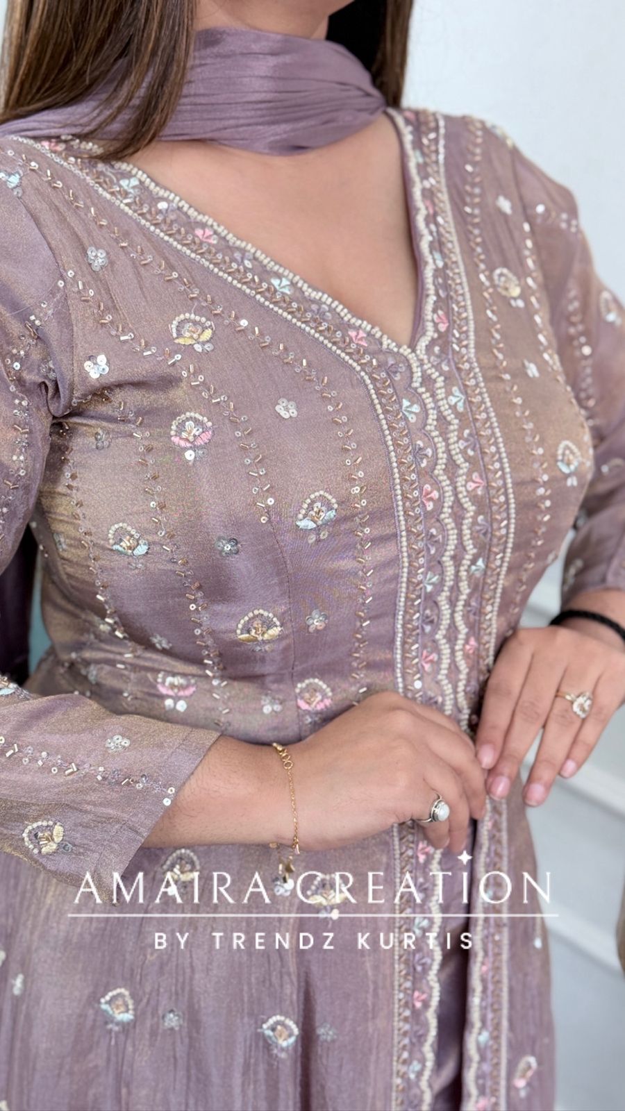 Premium Lavender Glass Tissue Fabric Fully Hand Work Centre Slit Pant Set.