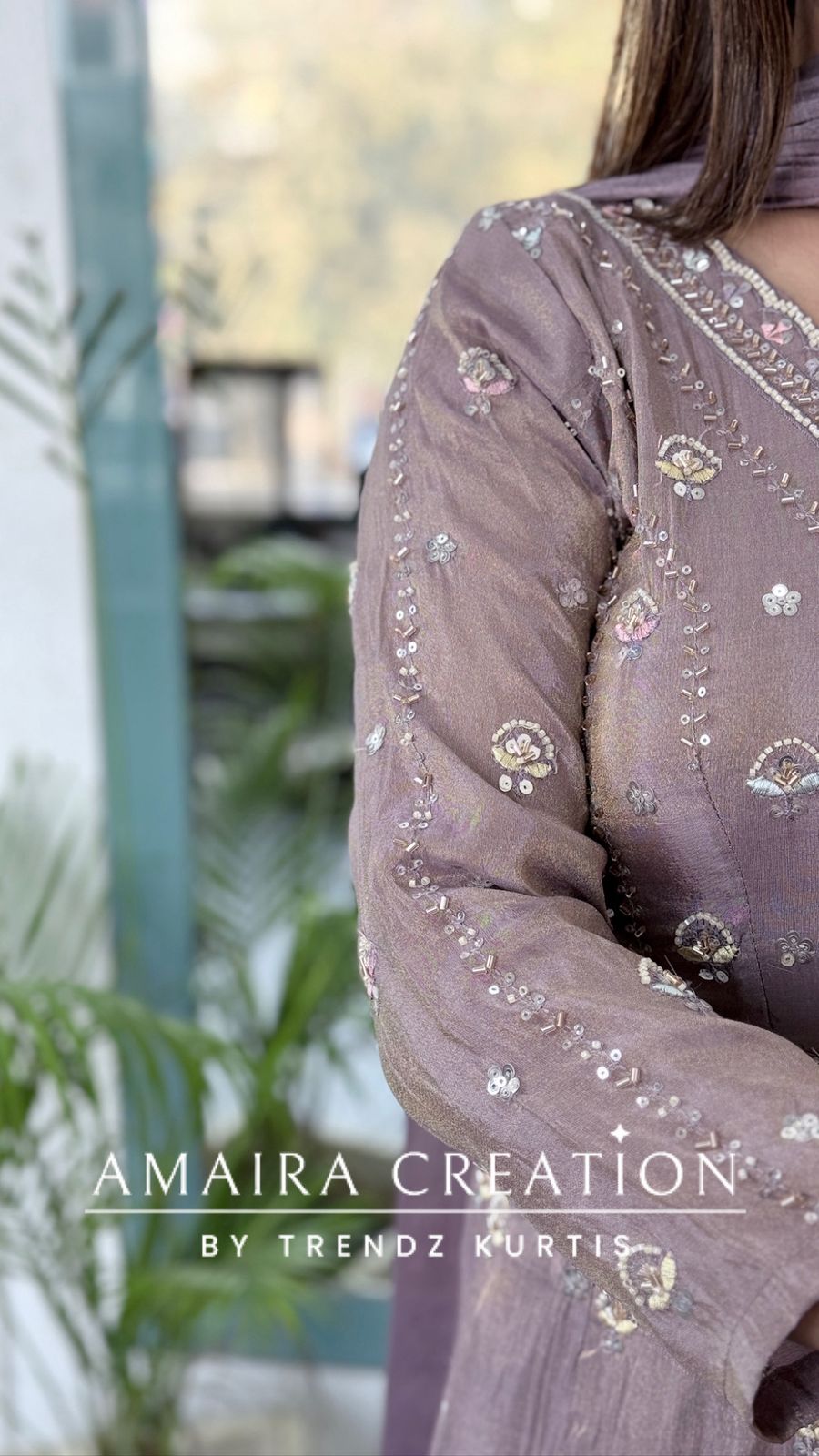 Premium Lavender Glass Tissue Fabric Fully Hand Work Centre Slit Pant Set.