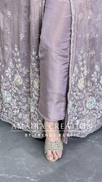Premium Lavender Glass Tissue Fabric Fully Hand Work Centre Slit Pant Set.