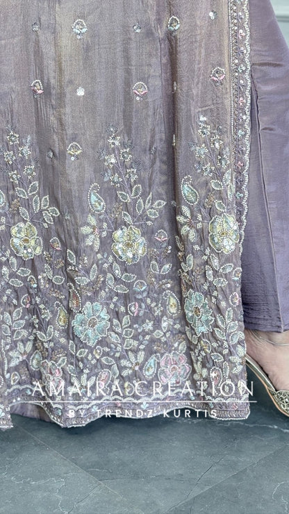 Premium Lavender Glass Tissue Fabric Fully Hand Work Centre Slit Pant Set.