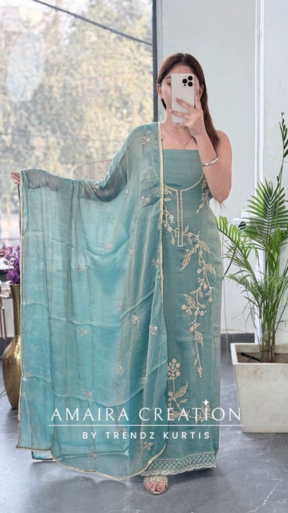 Premium Fendi Fabric Sea Green Colour Pearl & Zari Work Unstitched Suit