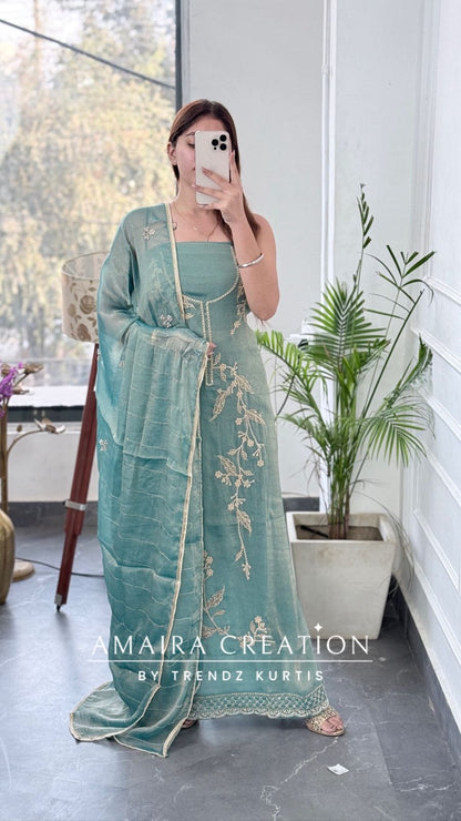 Premium Fendi Fabric Sea Green Colour Pearl & Zari Work Unstitched Suit