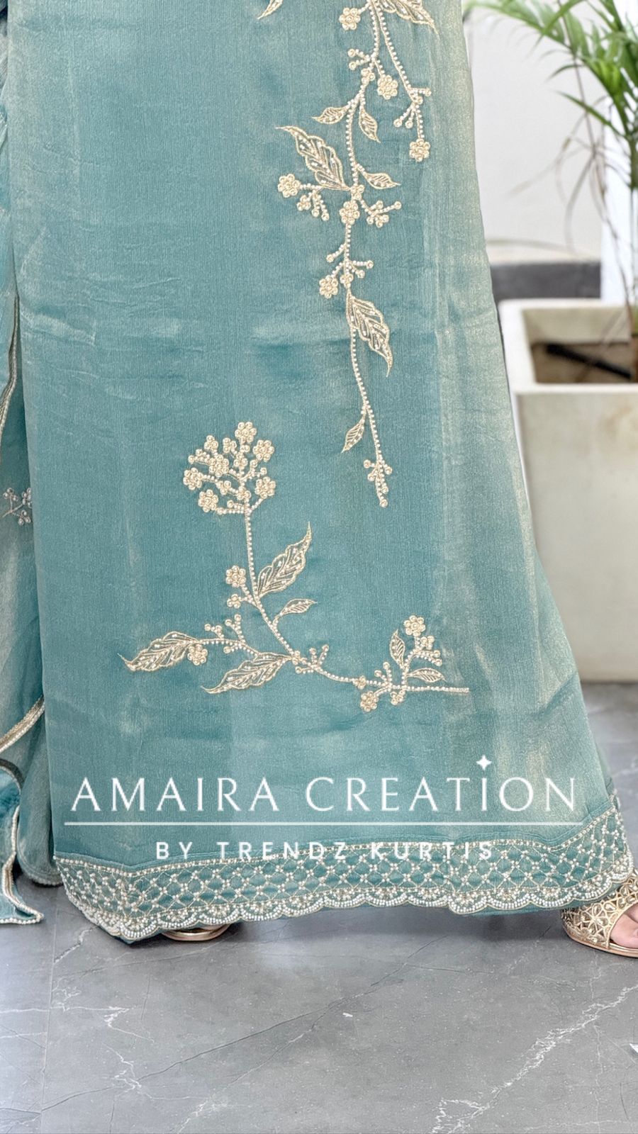 Premium Fendi Fabric Sea Green Colour Pearl & Zari Work Unstitched Suit