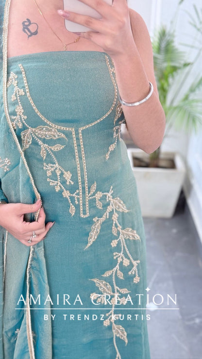 Premium Fendi Fabric Sea Green Colour Pearl & Zari Work Unstitched Suit
