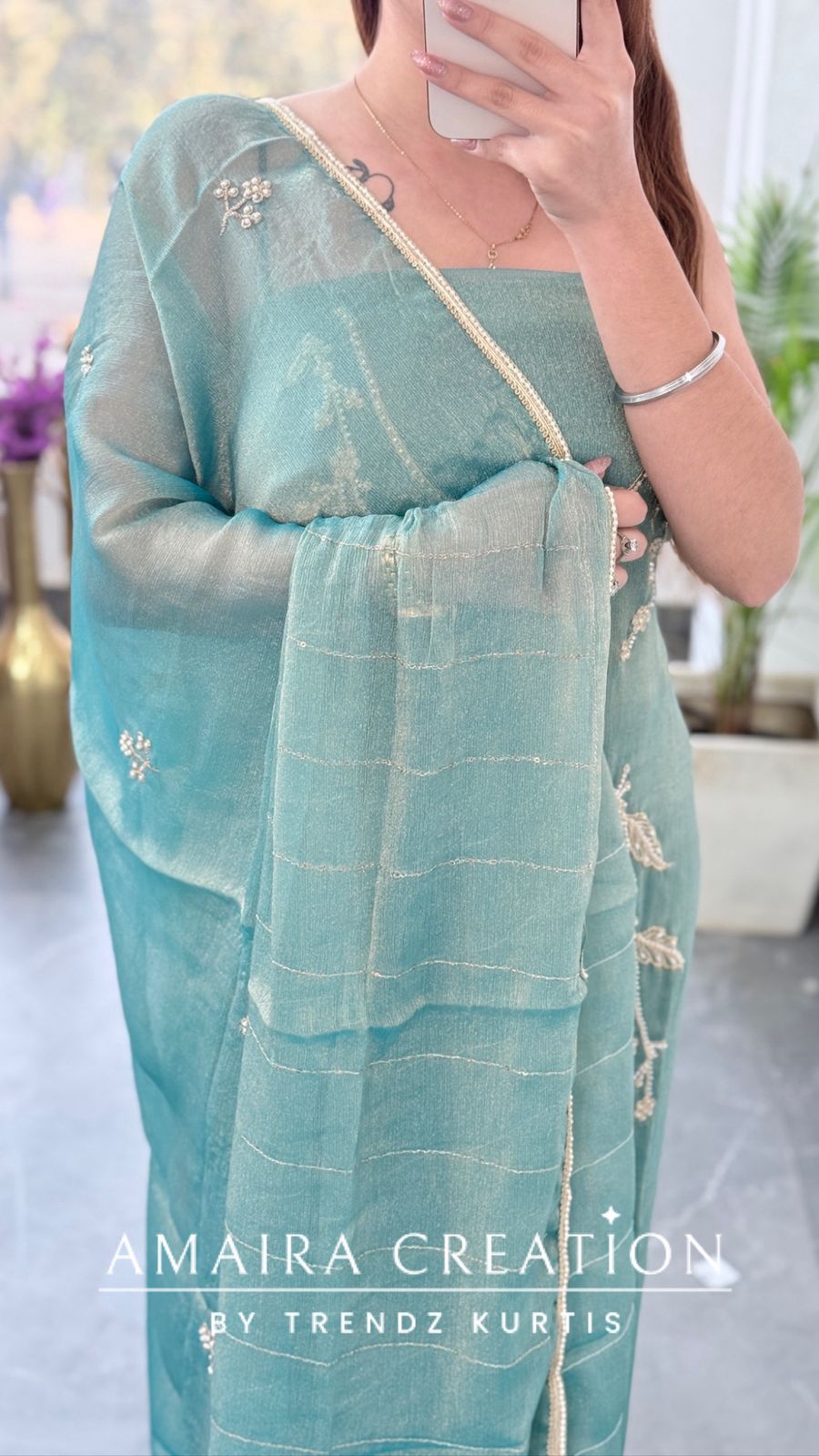 Premium Fendi Fabric Sea Green Colour Pearl & Zari Work Unstitched Suit