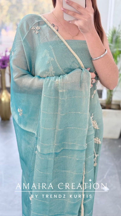 Premium Fendi Fabric Sea Green Colour Pearl & Zari Work Unstitched Suit