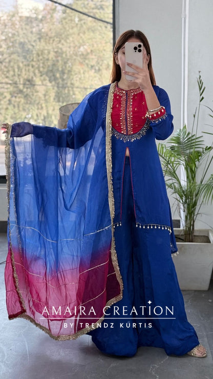 Premium Chinnon Fabric Royal Blue Colour Burster Neck Pattern Full Ghera Divider Set