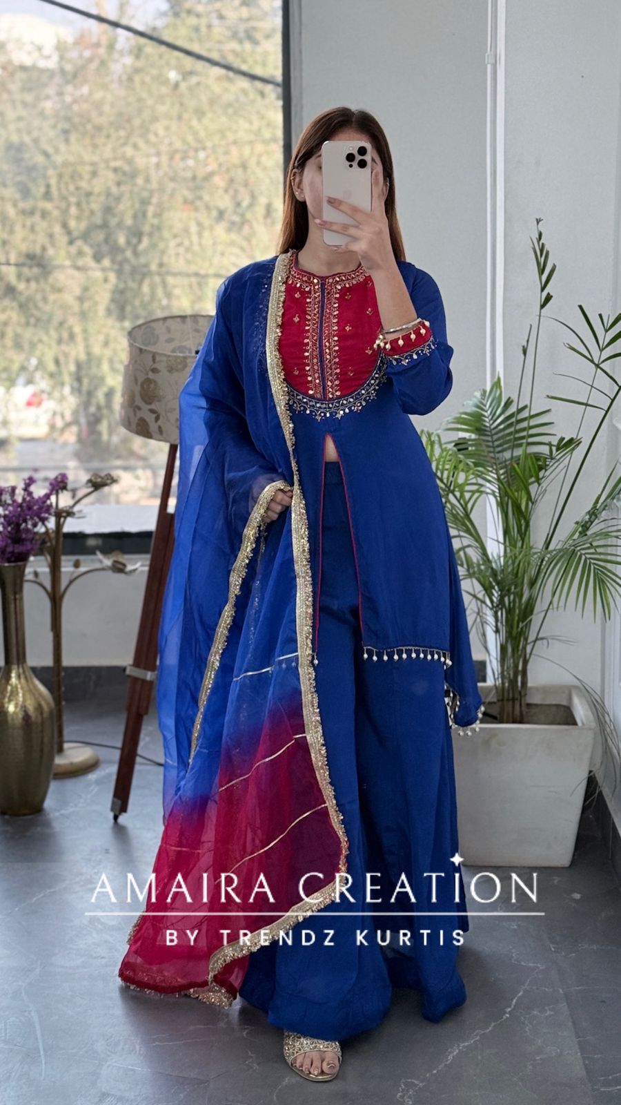 Premium Chinnon Fabric Royal Blue Colour Burster Neck Pattern Full Ghera Divider Set