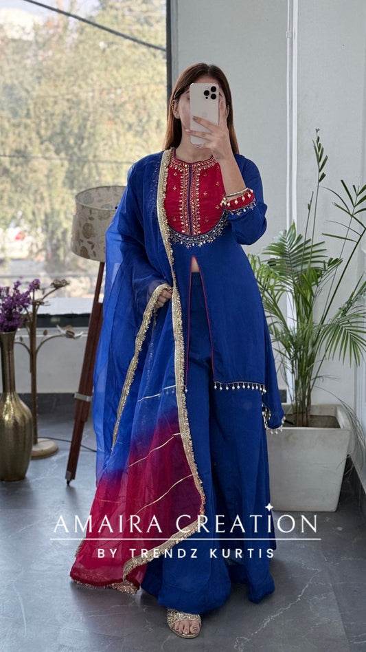 Premium Chinnon Fabric Royal Blue Colour Burster Neck Pattern Full Ghera Divider Set