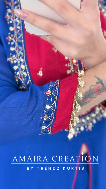 Premium Chinnon Fabric Royal Blue Colour Burster Neck Pattern Full Ghera Divider Set