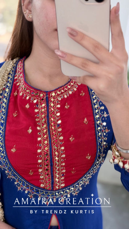 Premium Chinnon Fabric Royal Blue Colour Burster Neck Pattern Full Ghera Divider Set