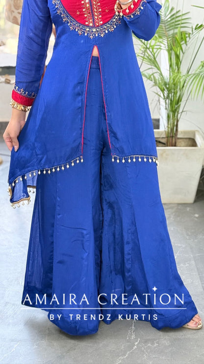 Premium Chinnon Fabric Royal Blue Colour Burster Neck Pattern Full Ghera Divider Set