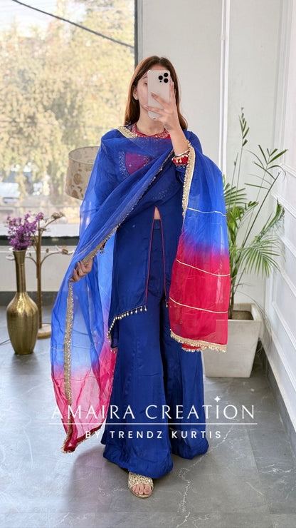 Premium Chinnon Fabric Royal Blue Colour Burster Neck Pattern Full Ghera Divider Set