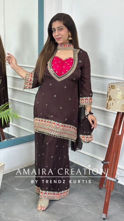 Premium Chinnon  Brown Colour Burster Neck Design Full Ghera Divider Set