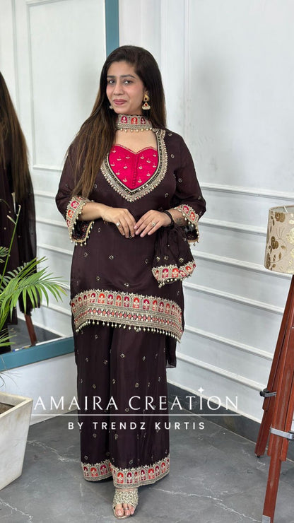 Premium Chinnon  Brown Colour Burster Neck Design Full Ghera Divider Set