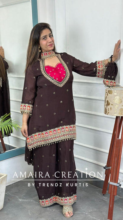 Premium Chinnon  Brown Colour Burster Neck Design Full Ghera Divider Set