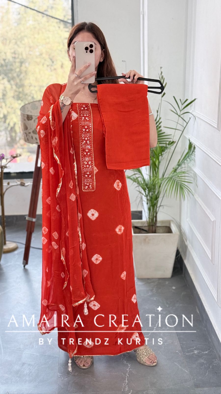 Premium Crepe Fabric Orange Color Bandez Print Unstitched Suit With Chiffon Dupatta