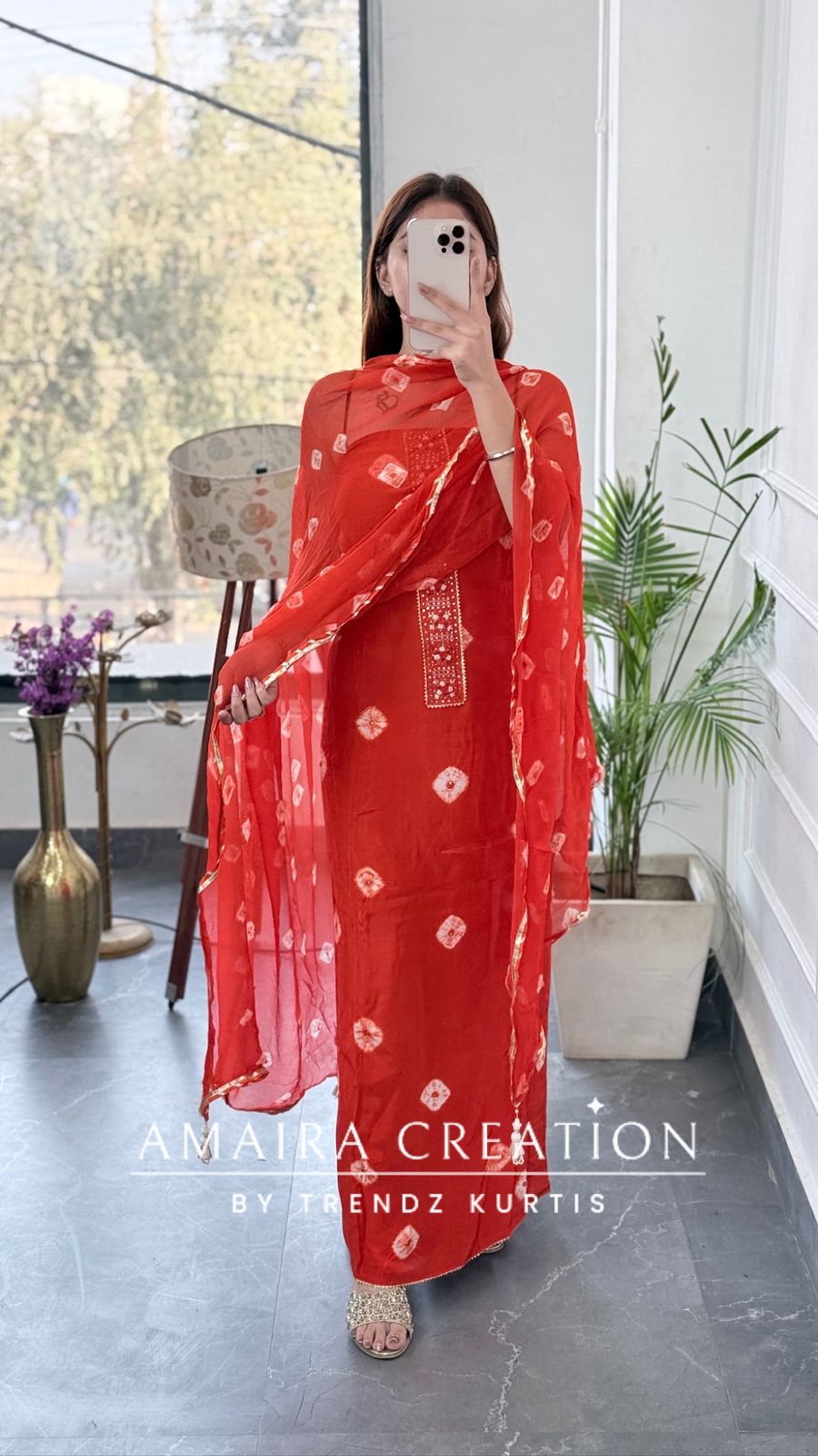 Premium Crepe Fabric Orange Color Bandez Print Unstitched Suit With Chiffon Dupatta