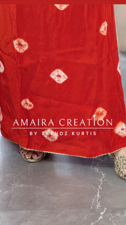 Premium Crepe Fabric Orange Color Bandez Print Unstitched Suit With Chiffon Dupatta