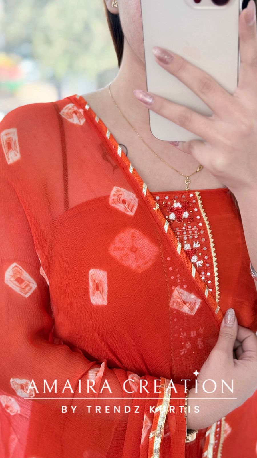 Premium Crepe Fabric Orange Color Bandez Print Unstitched Suit With Chiffon Dupatta