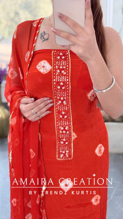 Premium Crepe Fabric Orange Color Bandez Print Unstitched Suit With Chiffon Dupatta