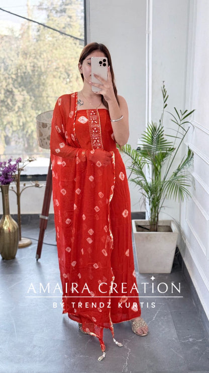 Premium Crepe Fabric Orange Color Bandez Print Unstitched Suit With Chiffon Dupatta
