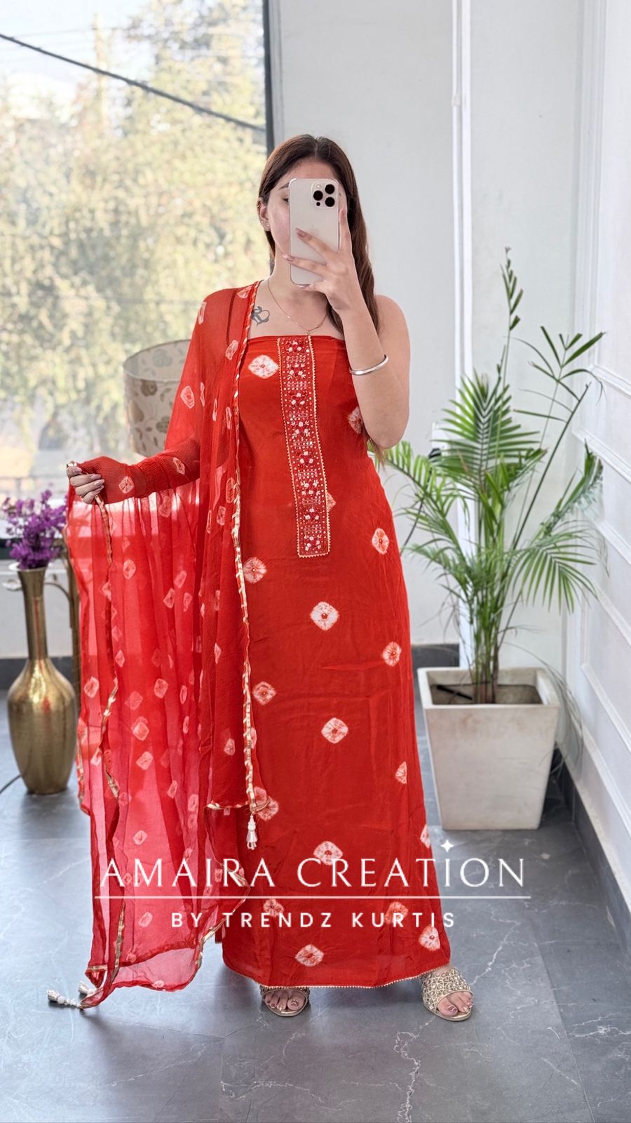 Premium Crepe Fabric Orange Color Bandez Print Unstitched Suit With Chiffon Dupatta