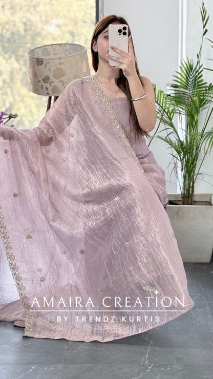 Premium Fendi Fabric Mauve Color Gold Toned Zari, Sequins & Bead Embroidered Unstitched Suit