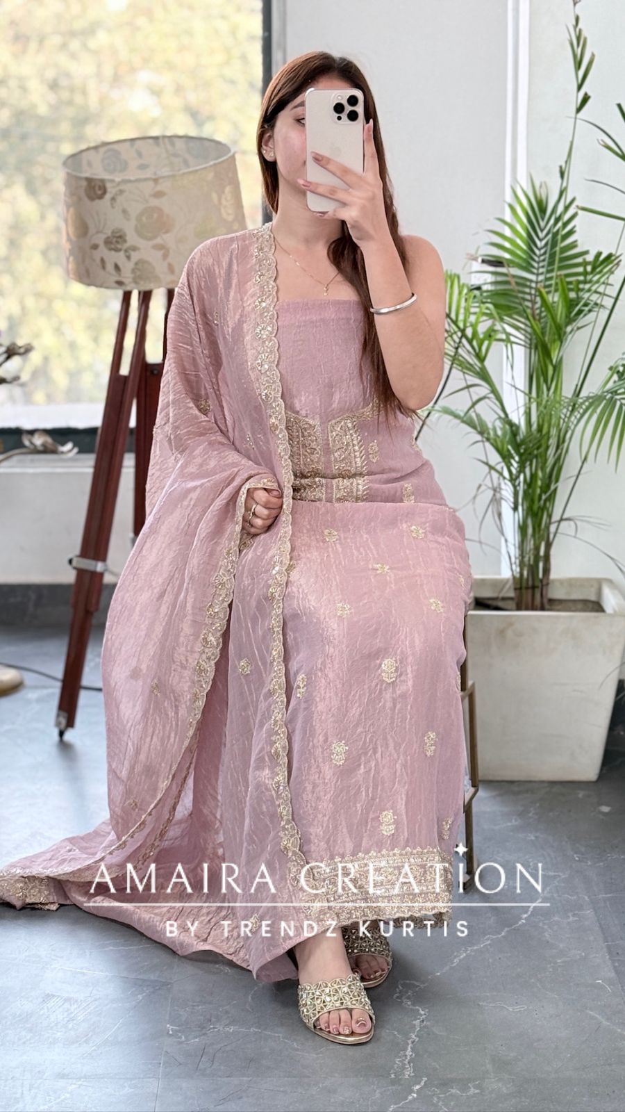 Premium Fendi Fabric Mauve Color Gold Toned Zari, Sequins & Bead Embroidered Unstitched Suit