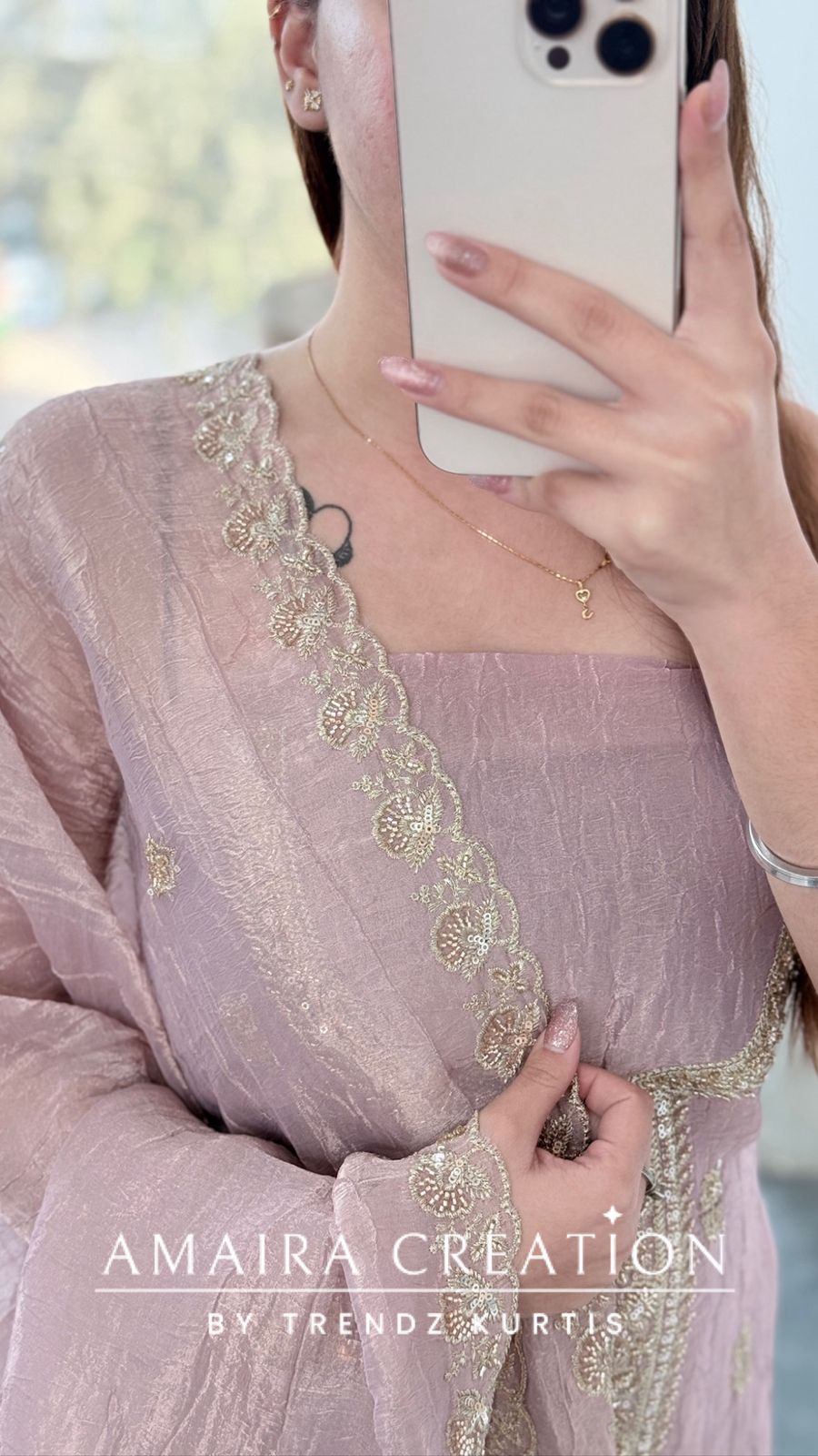 Premium Fendi Fabric Mauve Color Gold Toned Zari, Sequins & Bead Embroidered Unstitched Suit