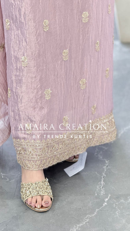 Premium Fendi Fabric Mauve Color Gold Toned Zari, Sequins & Bead Embroidered Unstitched Suit