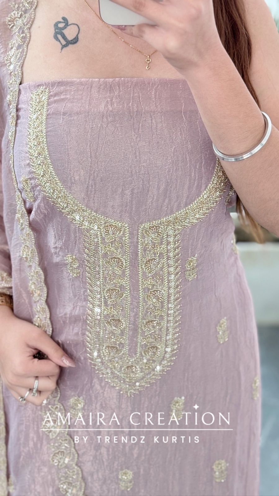 Premium Fendi Fabric Mauve Color Gold Toned Zari, Sequins & Bead Embroidered Unstitched Suit